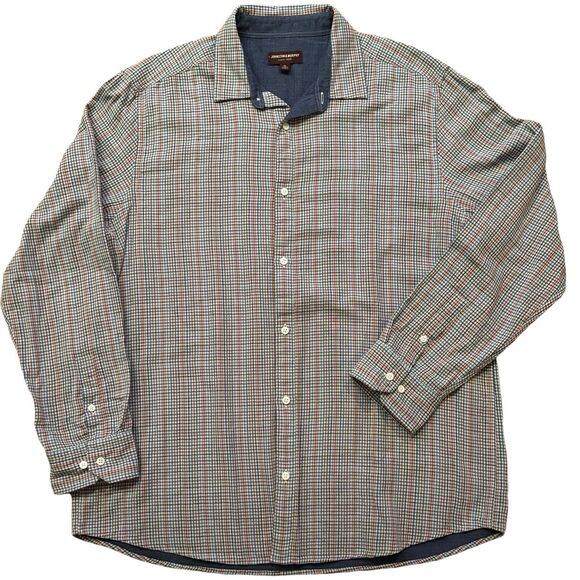 Johnston & Murphy Double Layered Cotton Button Down Blue Brown Plaid XL - Picture 2 of 8